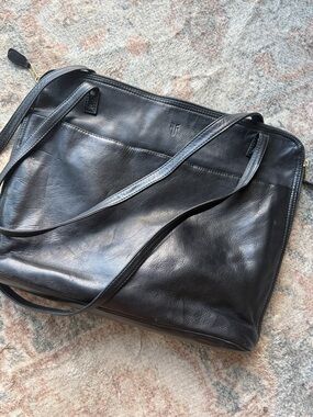Frye Black Leather Shoulder Tote with Subtle Logo